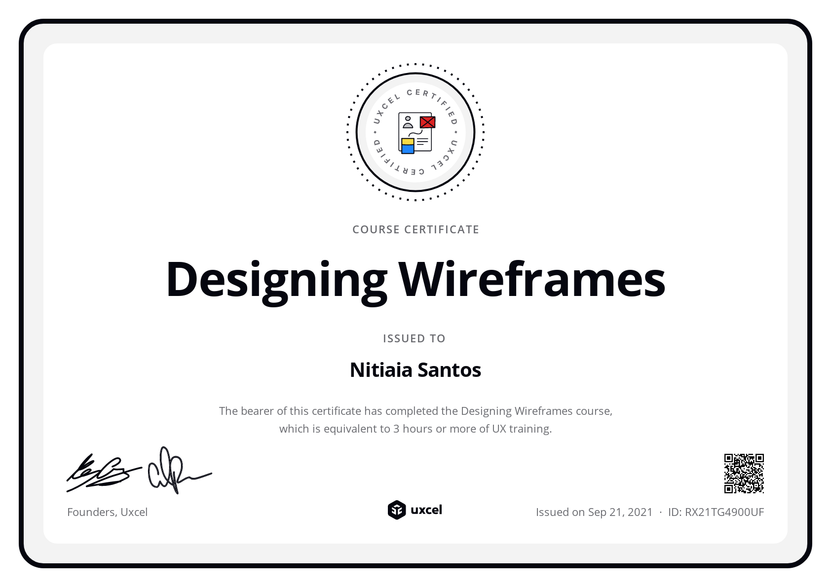 Nitiaia Santos's certificate
